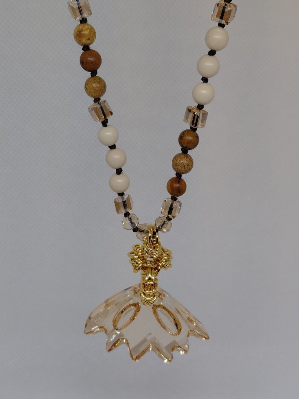 Artisan Handcrafted 29" Jasper and Swarovski Zinnia Flower Statement Necklace